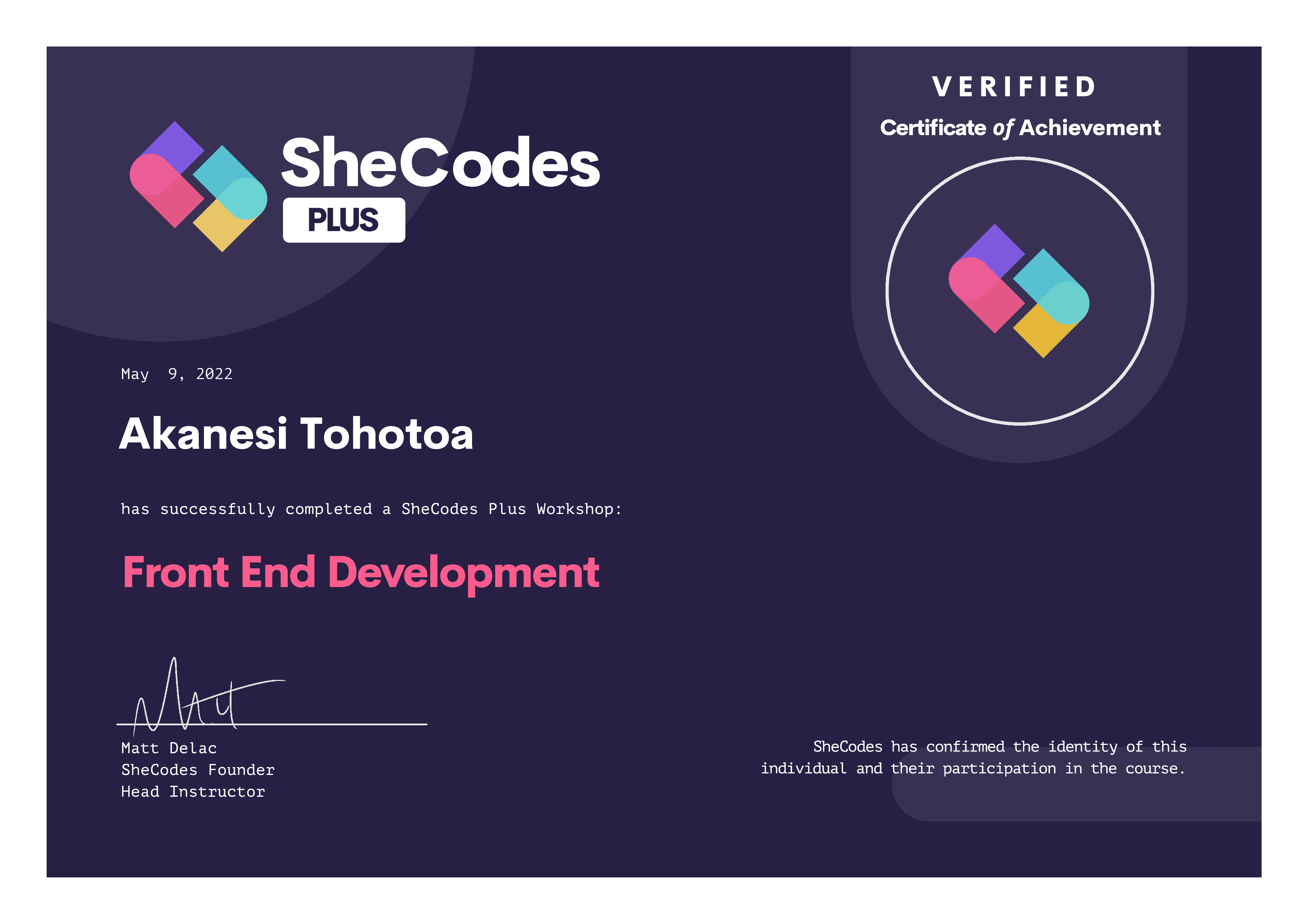 SheCodes Plus Certificate Photo